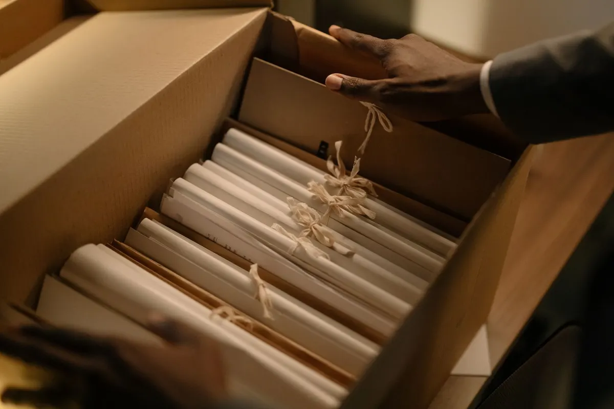 Mains rangeant des dossiers ficelés dans une boîte d'archives